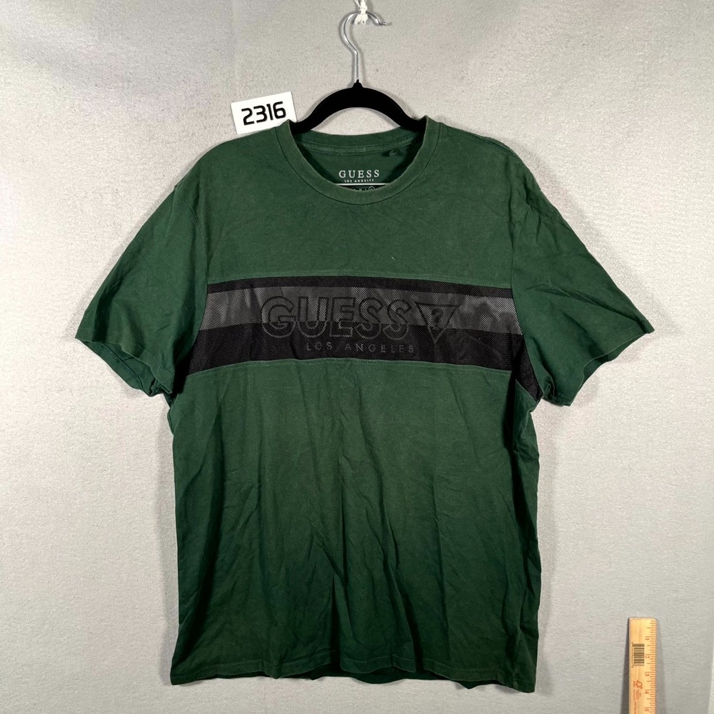 Guess T Shirt Mens XL Green Wordmark Logo Short Sleeve Crew Neck Pullover
